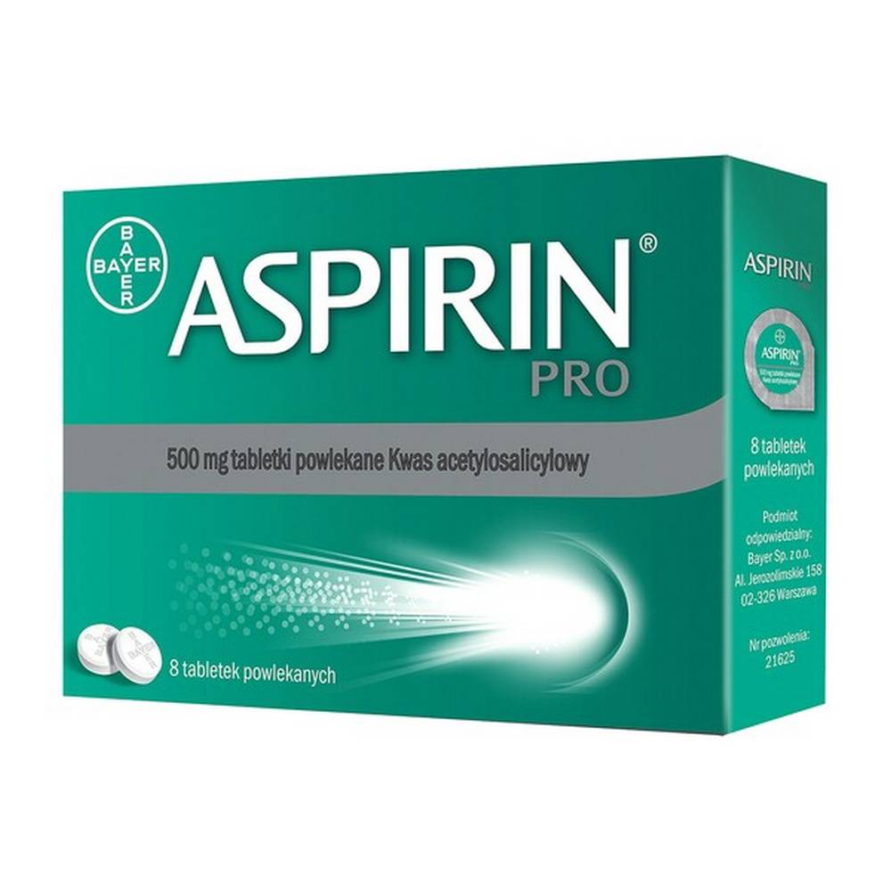 aspirin pro 500 mg film coated tablets 8 ASPIRIN PRO - a medicinal product containing acetylsalicylic acid that has analgesic and antipyretic properties.