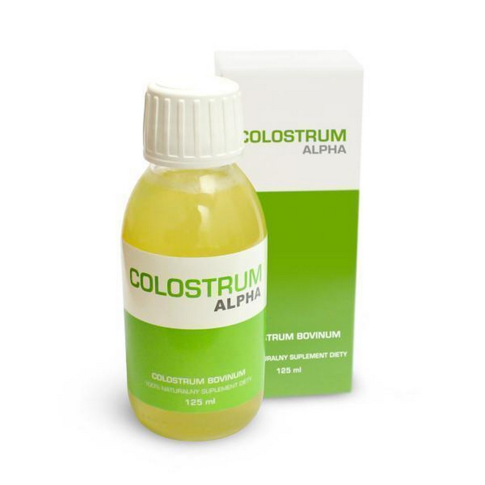 colostrum alpha 125ml Colostrum Alpha liquid obtained with a specially developed and patented method of cold processing. The starting material is raw Colostrum, which in the preparation process is deprived of fat, casein and whey proteins. The finished product is made without any chemicals and preservatives.
