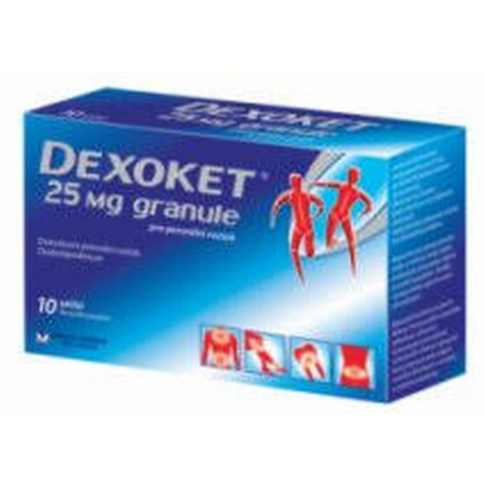 dexoket 25mg granules granular powder for the preparation of a drink 10x25mg It is used for the short-term treatment of mild to moderate pain, such as acute muscle or joint pain, dysmenorrhea and toothache.