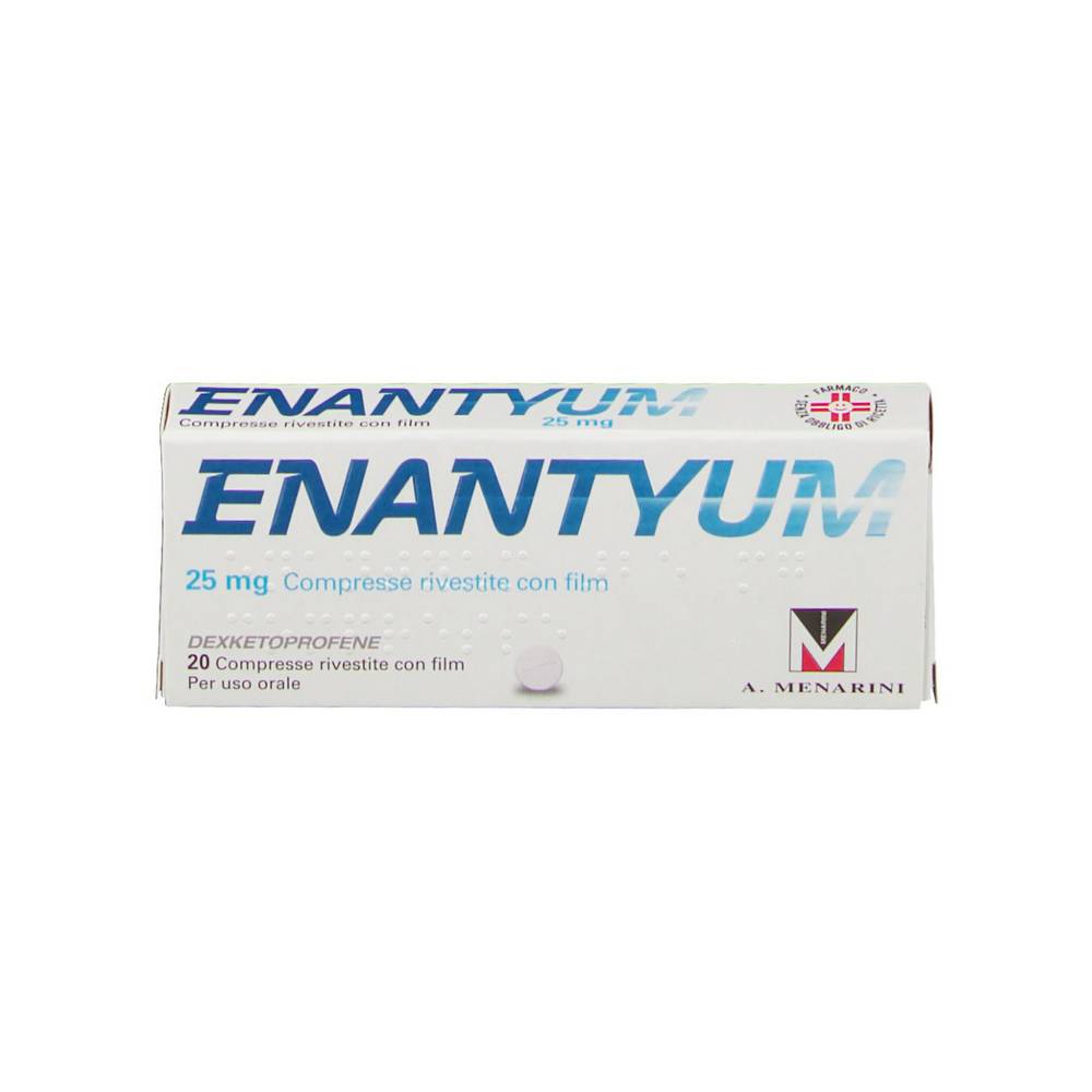 enantyum 25 mg dexketoprofene 20 Enantyum Tablets is used in the symptomatic treatment of painful conditions of mild to moderate intensity, such as musculoskeletal pain, dysmenorrhea, dental pain.