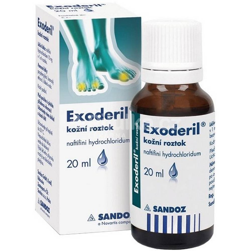 exoderil® 10 mg ml skin solution 20 ml Exoderil is an antifungal, anti-inflammatory skin solution for dermal administration. Its active ingredient is naftifin. It is effective against fungi, yeasts and molds. It also has an antibacterial effect against various gram-positive and gram-negative organisms.