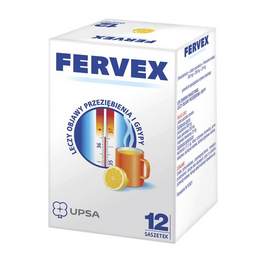fervex granules in sachets for oral solution 12 Fervex is a medicine used to relieve symptoms of colds and flu. The drug contains 3 active ingredients and has multi-directional effects. The first is paracetamol, an analgesic and antipyretic.