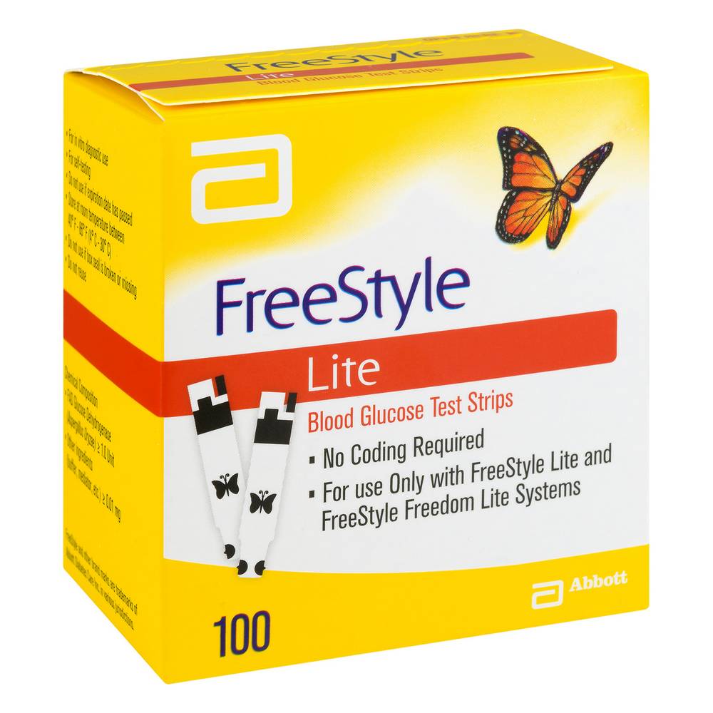 freestyle lite diagnostics strips 100 Тест-полоски FreeStyle для определения уровня глюкозы в крови используются вместе с FreeStyle, FreeStyle Freedom и Freestyle Mini для измерения уровня глюкозы (сахара) в образце капиллярной крови.