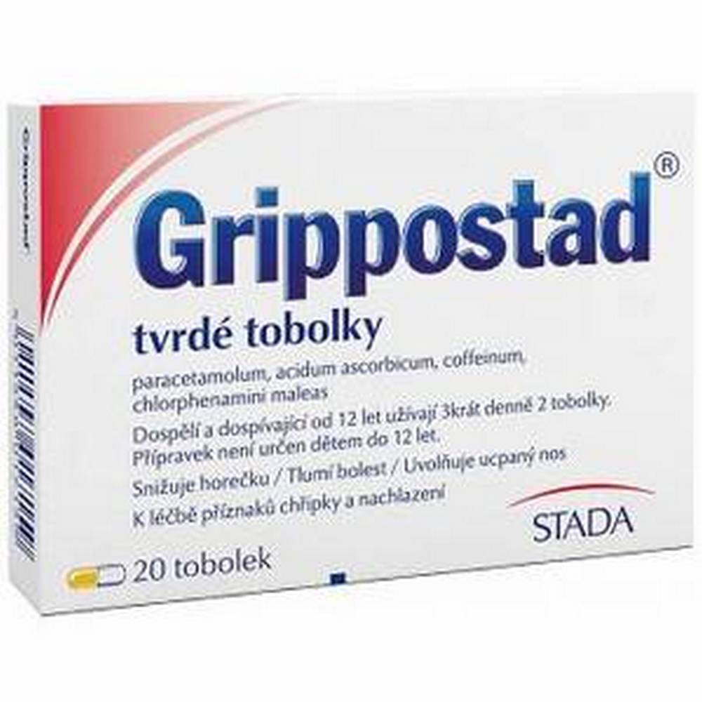 grippostad 20 Гриппостад используется для лечения симптомов, связанных с гриппом или простудой, таких как головная боль, боль в мышцах и суставах, насморк и сухой кашель. Гриппостад снижает жар и жар. Содержит парацетамол, хлорфенамин, витамин С и кофеин.