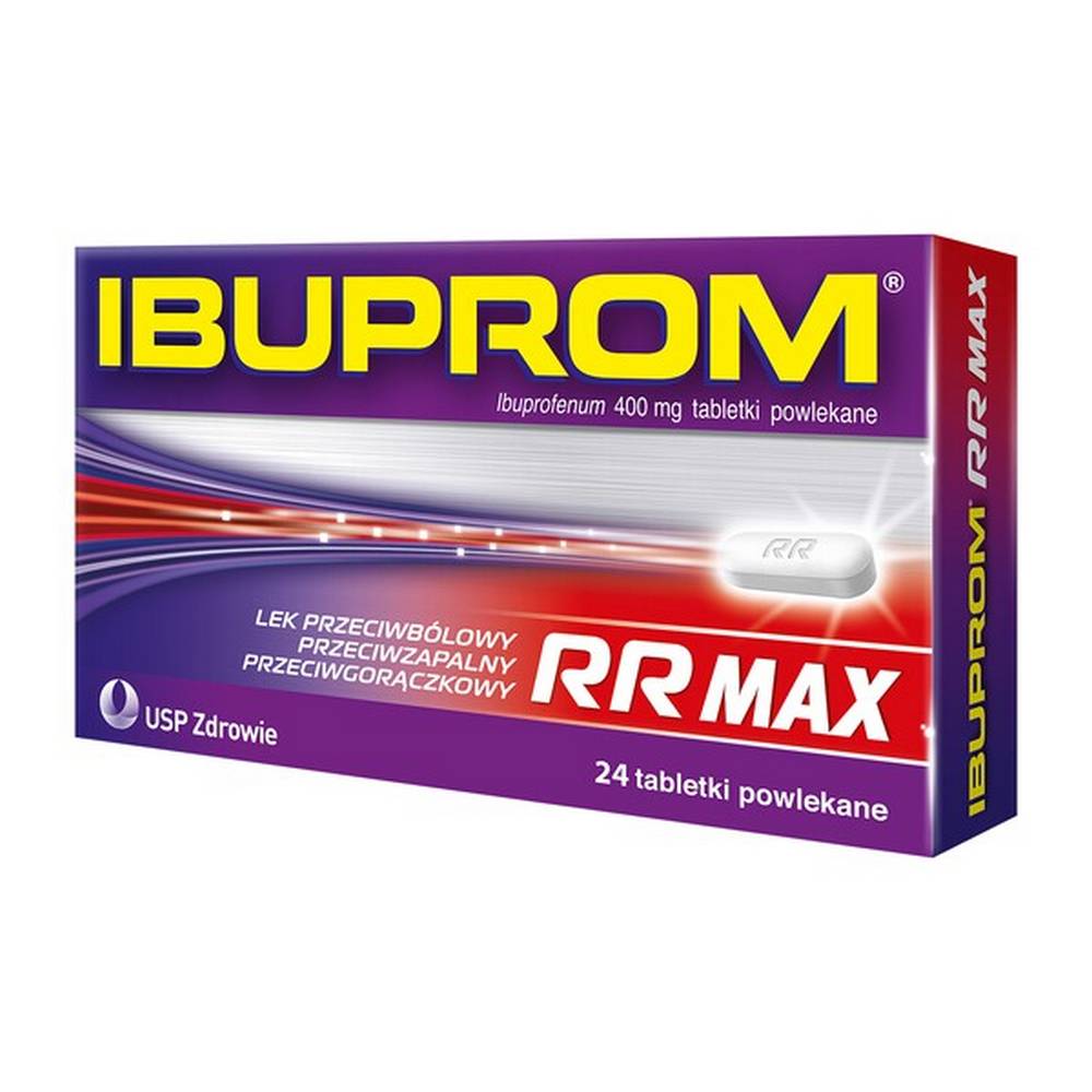 ibuprom rr max 400 mg coated tablets 24 pcs 2 x 12 pcs Ibuprom RR Max is a medicinal product for use in pain (acute, mild, moderate) of various origins, such as headache, toothache, joint pain, neuralgia, and fever. Ibuprom RR Max has an analgesic, anti-inflammatory and antipyretic effect.