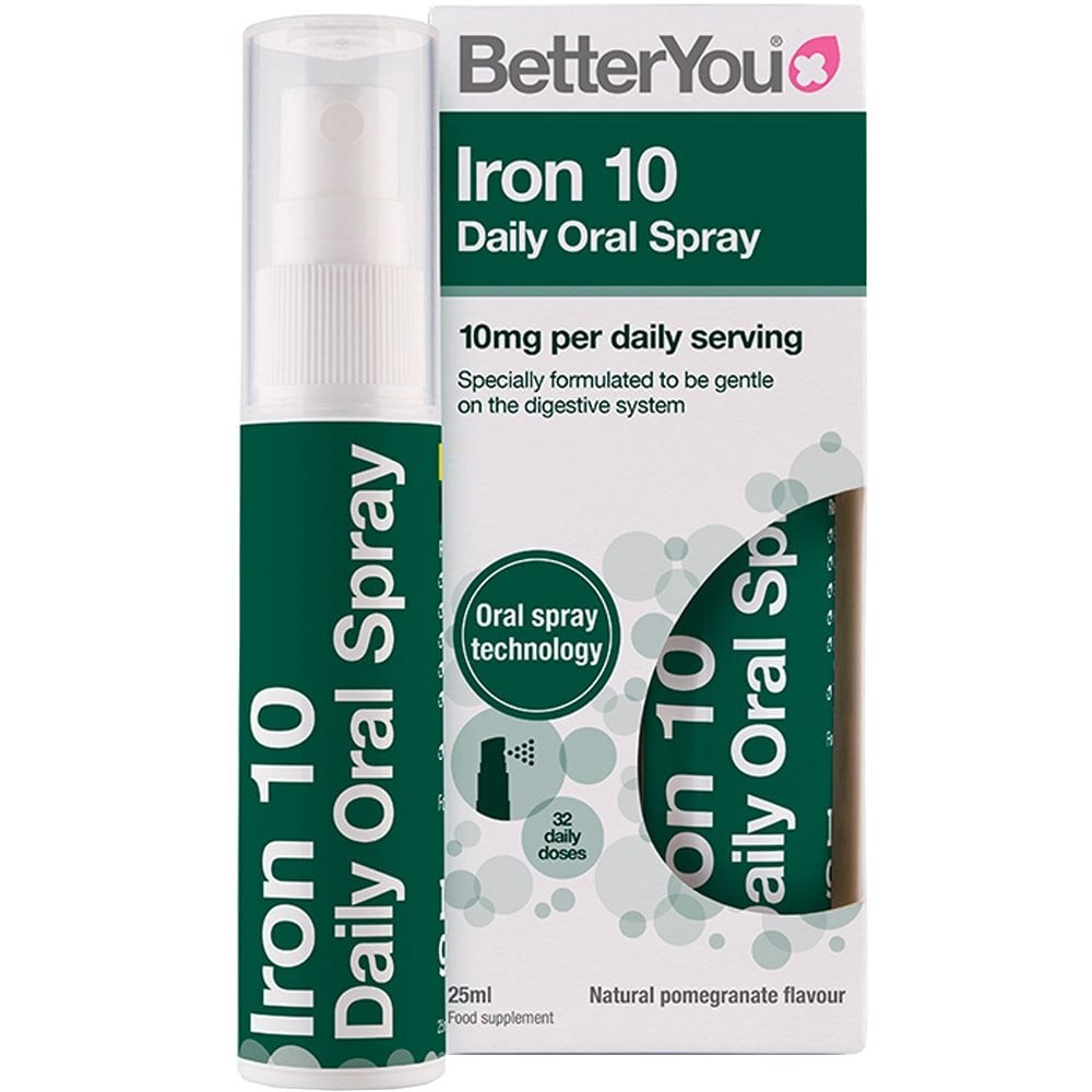 iron 10 mg 25 ml Iron spray 10mg provides a dose of 10mg of iron in 4 sprays. The spray is scientifically shaped to deliver iron directly to the bloodstream and bypass primary processing in the gut. Tiny droplets are quickly absorbed into the buccal membrane of the inner part of the mouth and ensure fast and efficient absorption of nutrients.