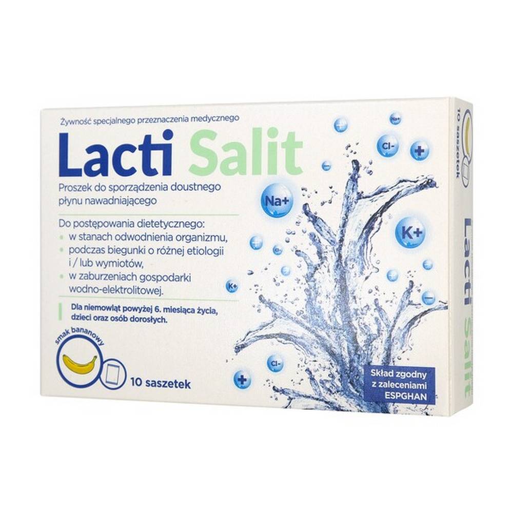 lacti salit powder for oral solution sachets 10 pcs Lacti Salit with banana flavor, a food for special medical purposes for children over 6 months of age and adults, for dietary management in states of dehydration, especially during diarrhea, vomiting and disturbances in the water and electrolyte balance.