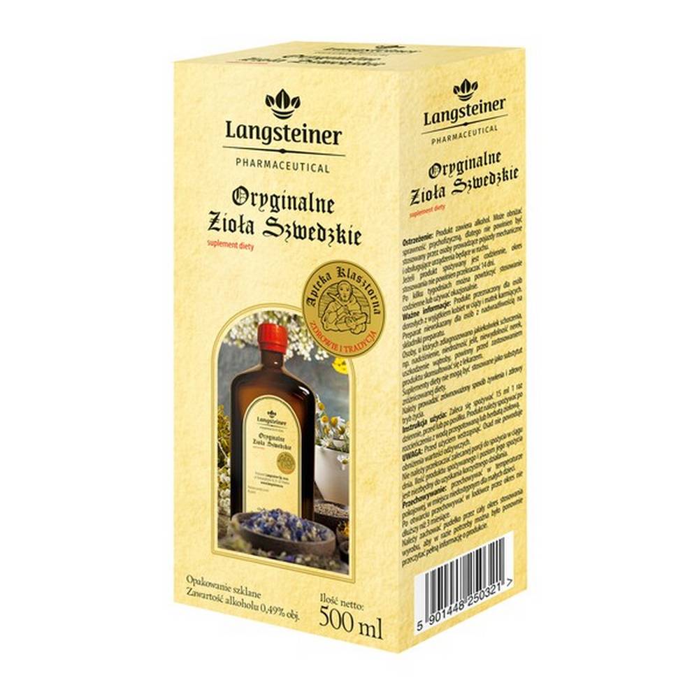 langsteiner original swedish herbs liquid 500 ml Swedish Herbs is a preparation with a unique composition of herbs, containing mainly bitter and aromatic-bitter raw materials as well as essential oils that affect digestion. They stimulate the secretion of digestive juices - saliva, bile and gastric juice, thanks to which they facilitate the absorption of food ingredients. The preparation taken before eating has a positive effect on the appetite.