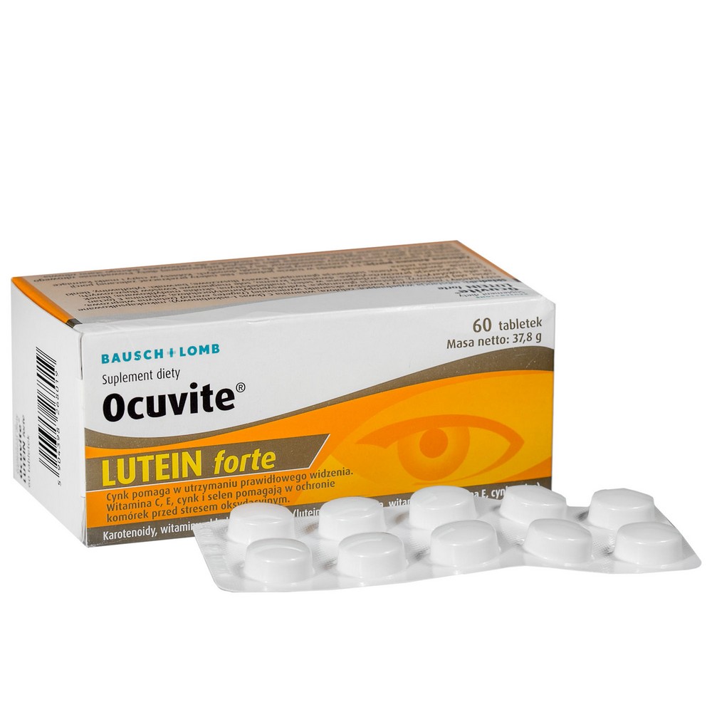lutein forte 60 The Ocuvite Lutein Forte dietary supplement supports correct vision and helps maintain visual acuity and the proper functioning of the eye retina for a long time. The tablets contain vitamin C, zinc, selenium and lutein, which have a positive effect on the organs of vision. The supplement helps protect cells against oxidative stress.