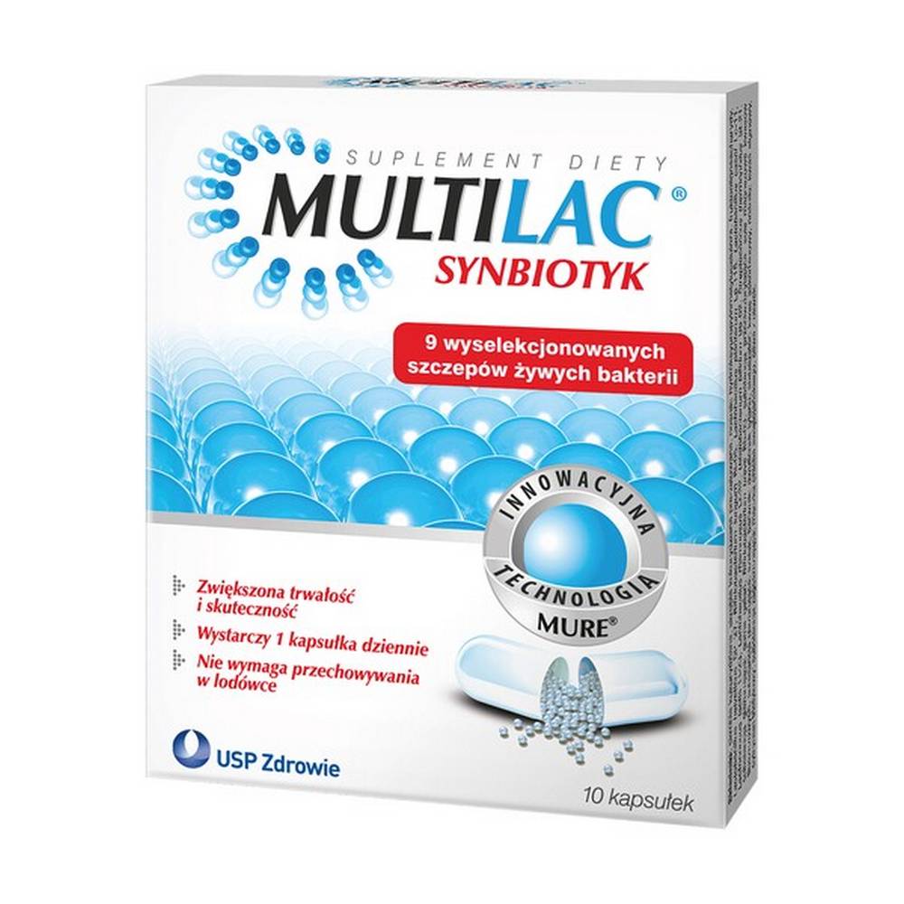 multilac synbiotic capsules 10 pcs MULTILAC - a dietary supplement containing 9 bacterial strains (including Lactobacillus, Bifidobacterium in the amount of 4.5 billion bacteria per capsule) and FOS, i.e. fructo-oligosaccharides. The product is intended for children and adults in the period autumn and winter, antibiotic therapy, changes in the natural bacterial flora.