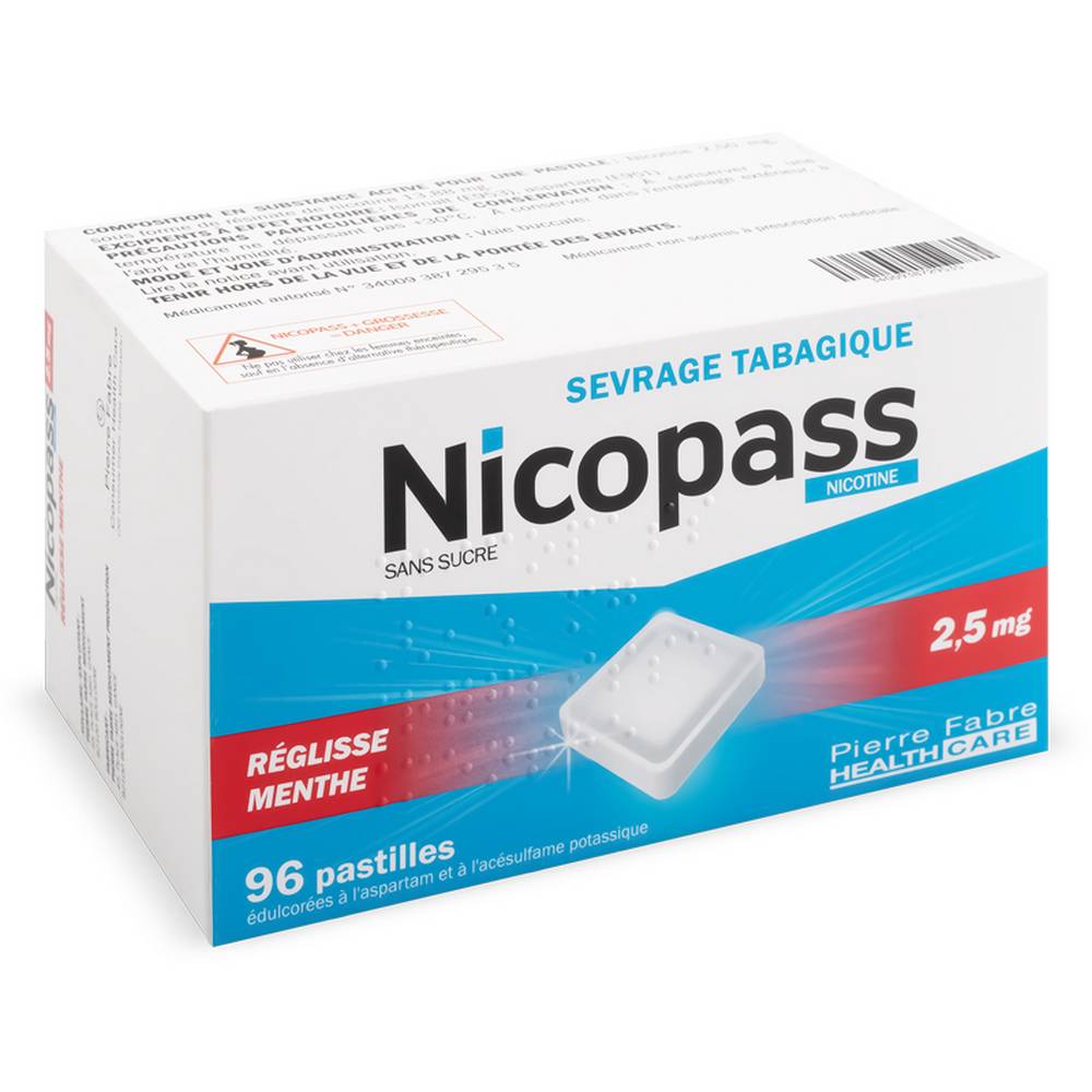 nicopass 25mg smoking cessation 96 pastilles licorice mint This drug is indicated in the treatment of smoking addiction to relieve nicotine withdrawal symptoms in nicotine addicted patients and want to stop their tobacco use.