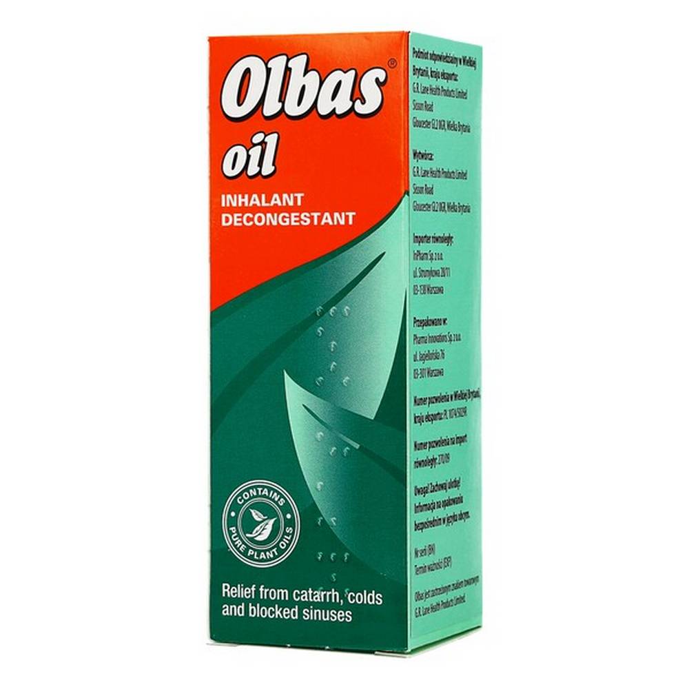 olbas oil steam inhalation fluid 28 ml parallel import inpharm Olbas Oil is a medicinal product containing various essential oils that help relieve symptoms associated with colds and sinusitis. The drug facilitates breathing, liquefies the residual secretion and reduces swelling of the nasal mucosa.
