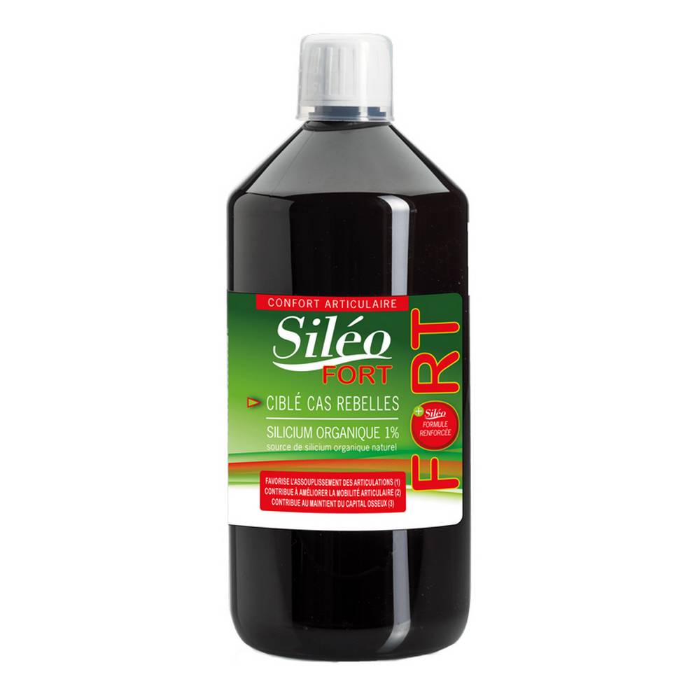 saleo fort painful joints silicon 1 liter Siléo Fort contains organic silicon, Chondroitin Sulfate, Glucosamine, Harpagophytum dry extract, Meadowsweet dry extract, MSM, Manganese Glucosinate, and Copper Glucosinate.