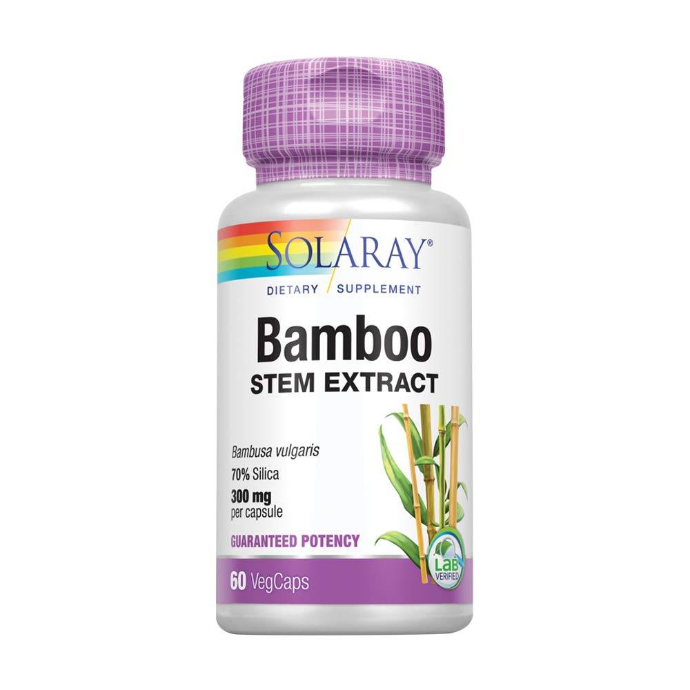 solaray bamboo 300 mg standardized 60 capsules Bamboo is consumed in Asia, where it is known for its healthful properties. The abundance of silica in bamboo creates silica gel in the hollow stem of the plant. This gel is called tabashir. Solaray Bamboo Extract is rich in organic silica and is believed to provide nutrient support for connective tissue, bones, hair, skin and nails.