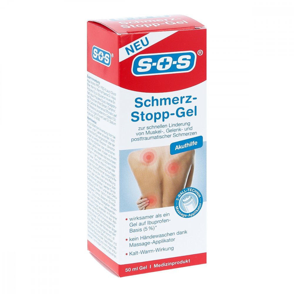 sos pain stop gel 50 g Sos pain stop gel (pack size: 50 g) is an ibuprofen-based gel for rapid pain relief from muscle, joint and post-traumatic pain. Sos pain stop gel (pack size: 50 g) can also be used for tension, sprains, twisting, strains, overstretching, torn muscle fibers and various trauma.