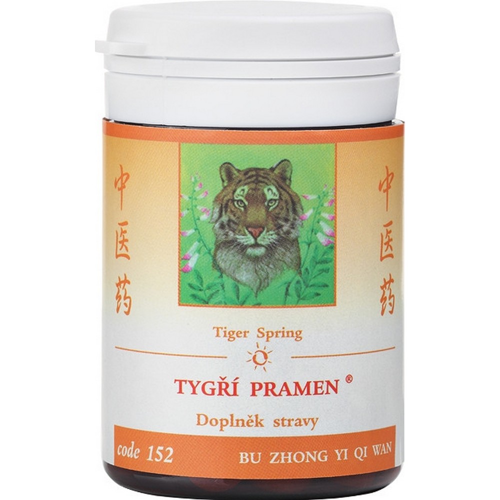 tiger spring 100 This is a modification of the original traditional Chinese herbal mixture BU ZHONG YI QI WAN, which is adapted to today's conditions. This mixture is intended for states of insufficient energy of the qi of the spleen and stomach PI / WEI QI XU, which lead to the weakening and decline of yang YANG XU XIAN. According to Chinese medicine, the ZHONG JIAO middle hearth (spleen PI and stomach WEI) produces qI qI energy and XUE blood from food and air. In the case of impaired function of these organ pathways, there is insufficient production of qi QI XU energy and XUE XU blood and a decrease in yang YANG XU XIAN. All this is manifested by a general weakness, which is caused either by an innate weak constitution or following long-term wasting.