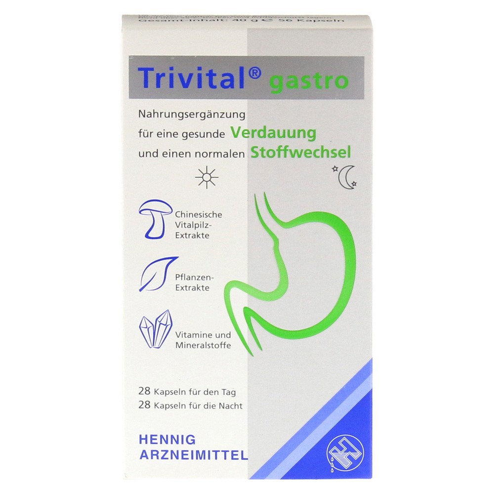 trivital gastro 56 Food supplement with extracts from medicinal mushrooms and plants as well as valuable vitamins and minerals.