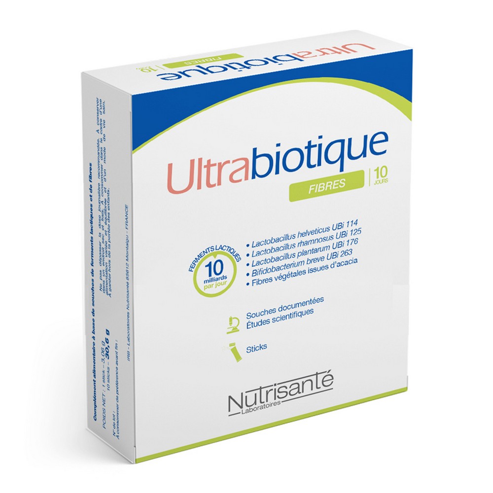 ultrabiotic fibers 10 A food supplement intended to improve the balance of the intestinal flora .