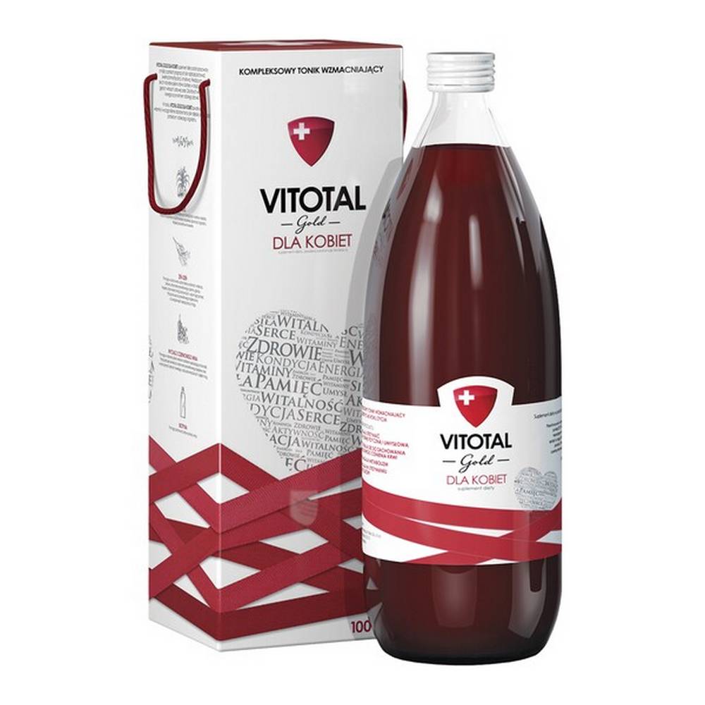 vitotal gold for women liquid 1000 ml VITOTAL Gold FOR WOMEN - a dietary supplement containing vitamins and plant extracts. Product intended for adults.Aloes supports the maintenance of the proper functions of the skin and epidermis layers, additionally supports proper digestion and the natural immunity of the body.