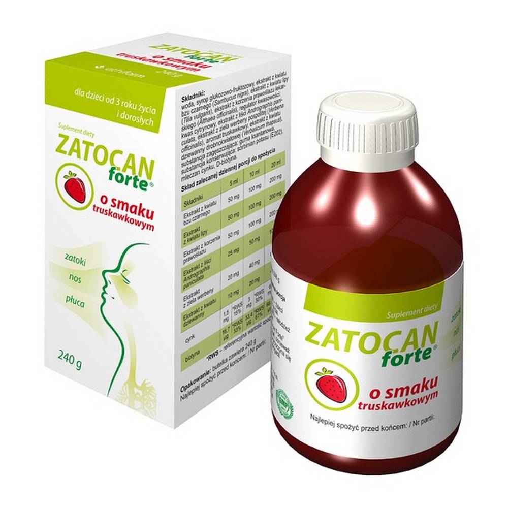zatocan forte liquid strawberry flavor 240 g Zatocan Forte - a dietary supplement containing plant extracts, zinc and biotin. The product is intended for children over 3 years of age and adults. Strawberry flavor. Elderberry flower extract supports the immune system and brings relief in case of irritation of the upper respiratory tract.