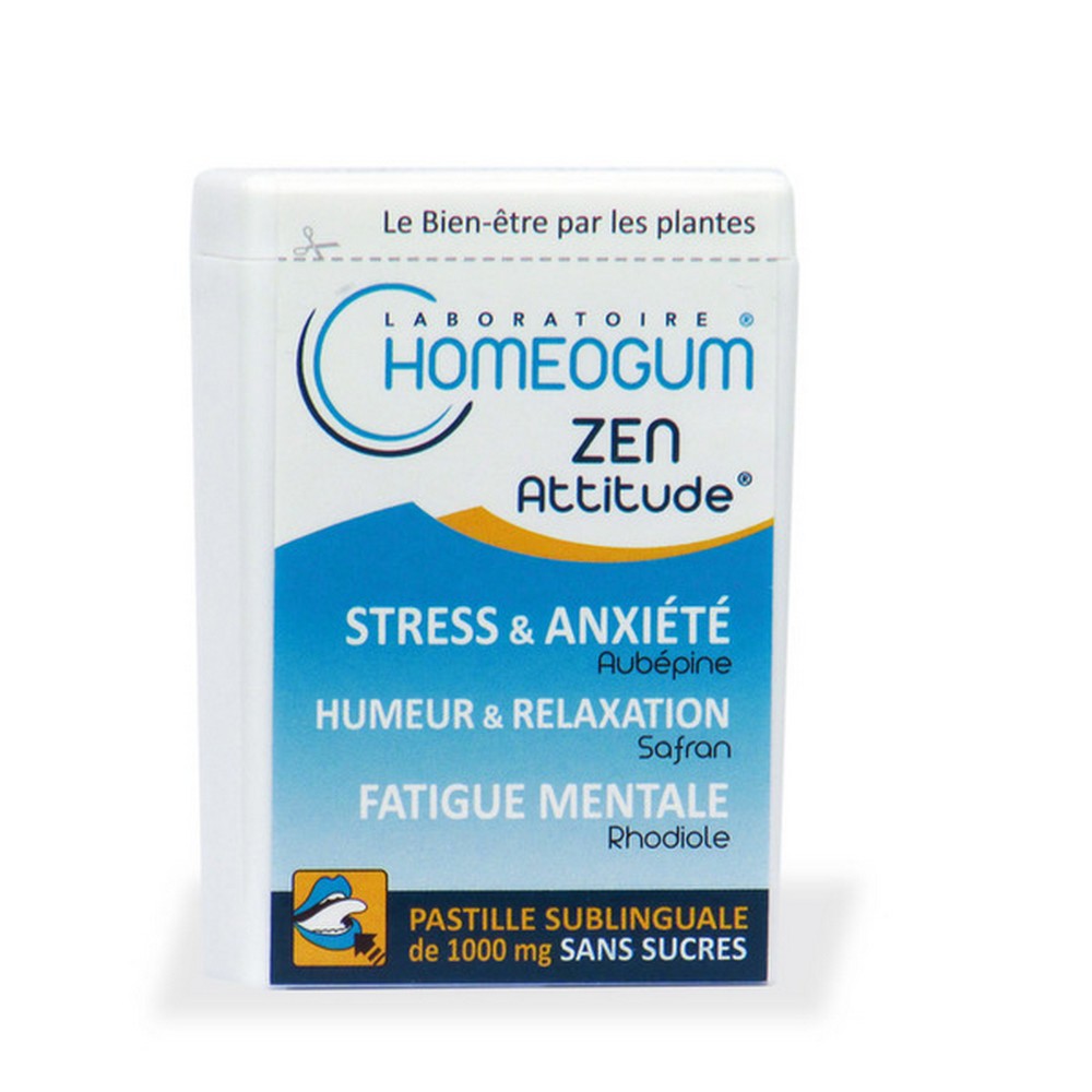 zen attitude sublingual pastille 40g The food supplement Homeogum Zen Attitude is a slow vasodilator which promotes coronary repair and limits palpitations to resist stress and hormonal imbalances. Homeogum Zen Attitude Sublingual Pastille in a 40g box reduces mental fatigue, stress, anxiety and promotes a pleasant mood with total relaxation without addiction or drowsiness, accompanied by natural falling asleep.