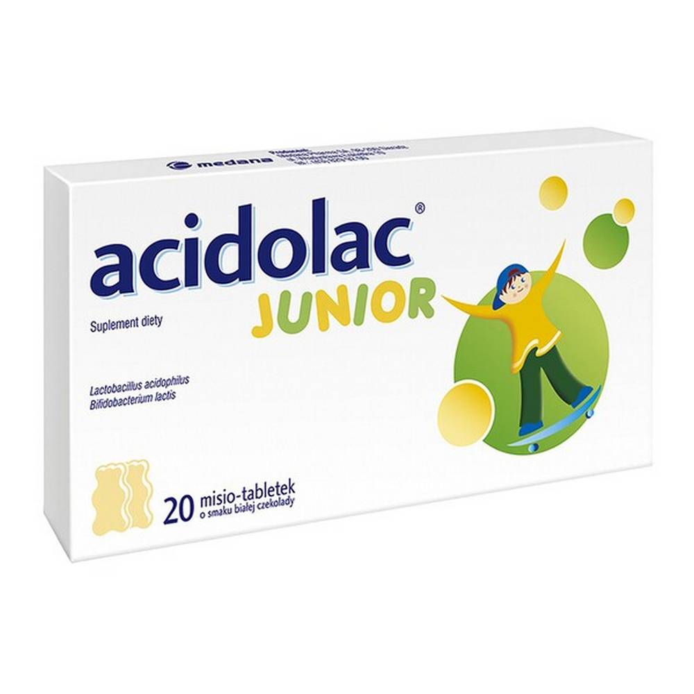acidolac junior teddy bears white chocolate flavor 20 pcs Acidolac Junior - a dietary supplement containing Lactobacillus acidophilus and Bifidobacterium lactis strains. The product is intended for children over 3 years of age and adults.