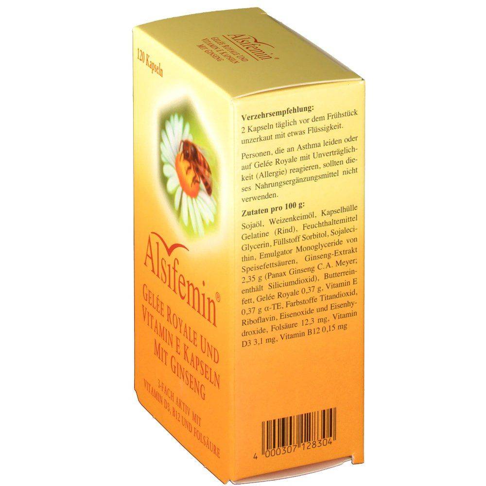 alsifemin royal jelly and vitamin e capsules with ginseng 120 Food Supplement with Vitamin D3, Vitamin B12, folic acid, Royal jelly, Vitamin E, and Ginseng.