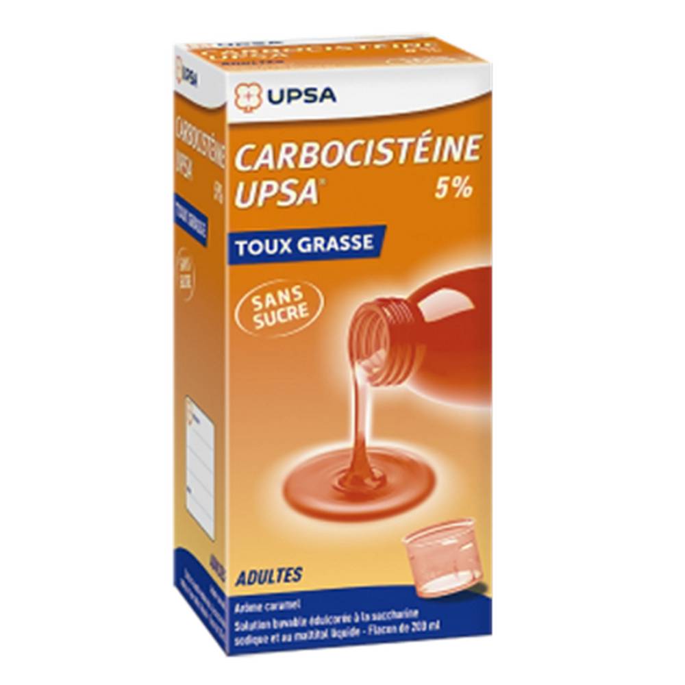 carbocisteine upsa 5 sugar free syrup 200ml Cabocistéine UPSA Syrup is for adults only. It is used in a wet cough of the last difficulty with an expectorant.