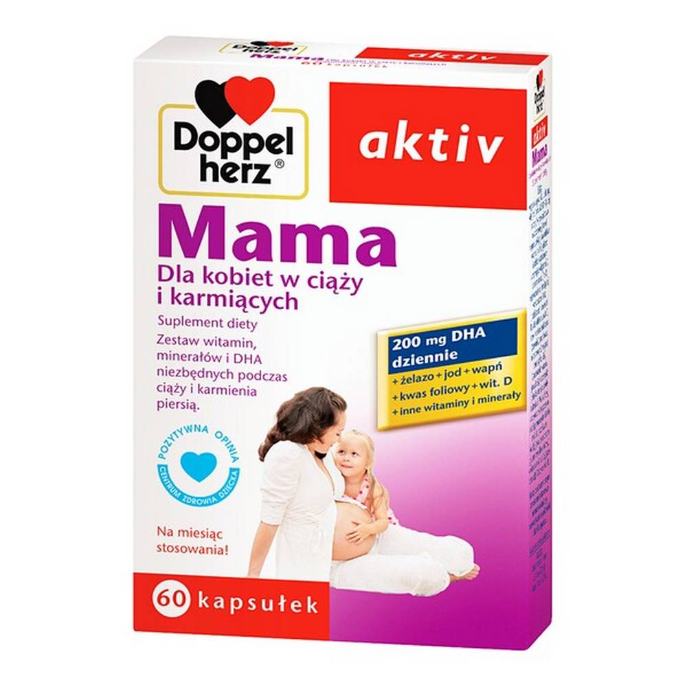 doppelherz aktiv mama capsules 60 Doppelherz aktiv Mama - a dietary supplement containing ingredients supplementing the diet with DHA, folic acid, iron, iodine, magnesium and zinc. The preparation is intended for adults. Do not use together with other vitamin and mineral preparations or in case of hypersensitivity to any component.