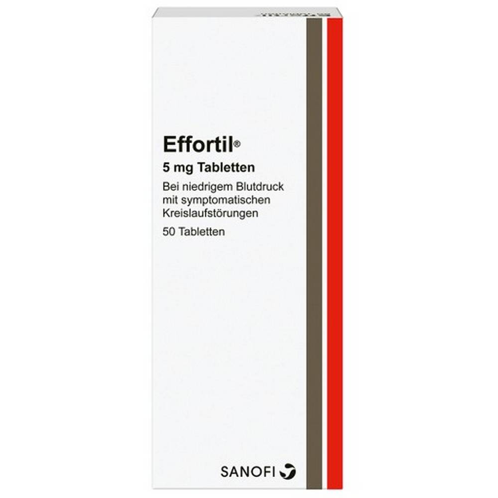effortil tablets 50 Treatment of circulatory regulation disorders with low blood pressure (hypotension), which when changing the body position (e.g. when getting up from lying or sitting) with symptoms such as dizziness, weakness, paleness, sweating, flickering or turning black in front of the eyes as well as with a significant drop in blood pressure without an increase in Heartbeat rate