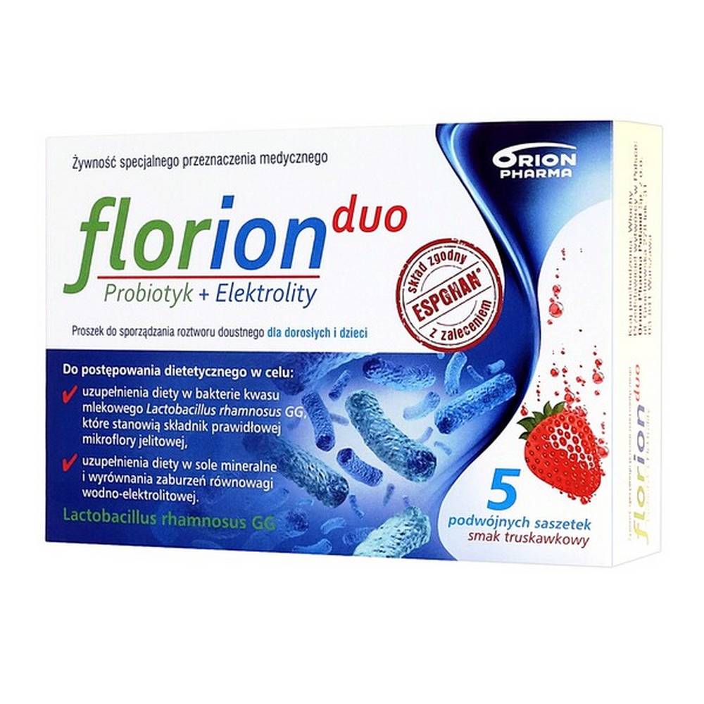 florion duo probiotic electrolytes powder for solution 5 sachets Florion Duo Probiotic + Electrolytes, powder for solution, 5 sachets. Food for special medical purposes for children and adults strawberry flavor. Sachet A contains 5 billion lyophilized cultures of lactic acid bacteria Lactobacillus rhamnosus GG, with efficacy proven in clinical trials.
