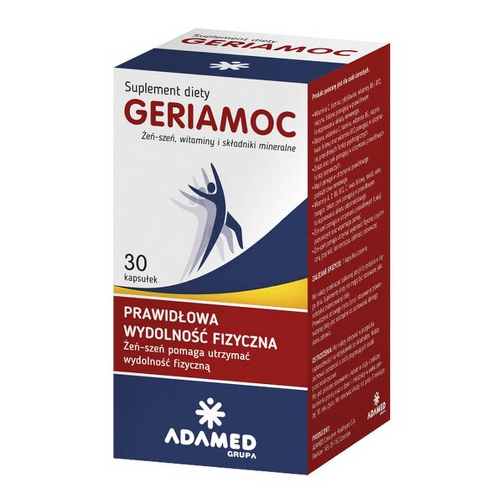 geriamoc capsules 30 GERIAMOC - пищевая добавка, содержащая женьшень, витамины и минералы, которые помогают поддерживать физическую работоспособность.