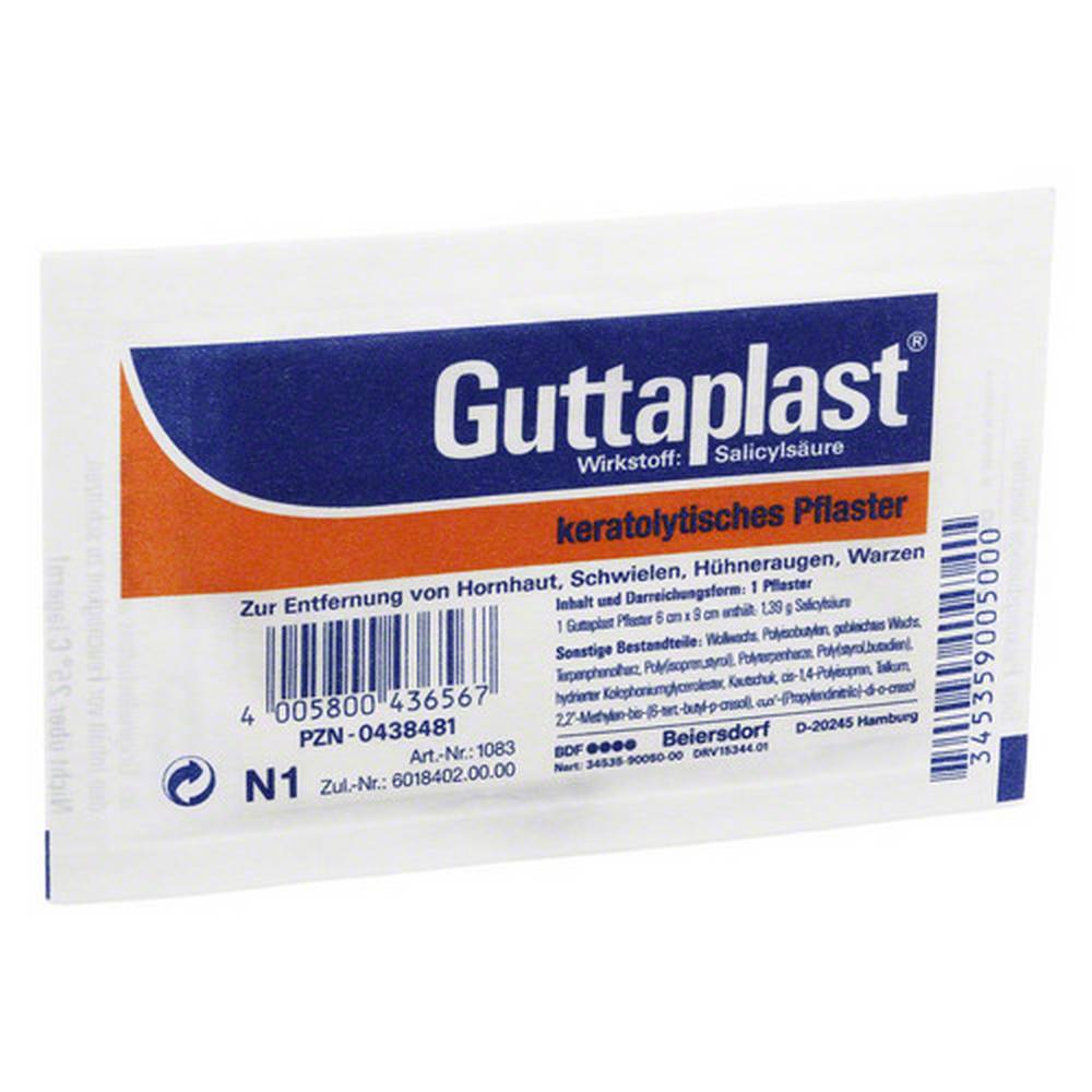 guttaplast 6x9 cm 1 pc ГУТТАПЛАСТ 6 см x 9 см - это лекарство от Beiersdorf AG, предназначенное только для аптеки. Пластырь, содержащий активные ингредиенты, от бренда Hansaplast MED в основном используется при сильном ороговении, также известном в медицине как гиперкератоз. К ним, среди прочего, относятся бородавки, мозоли и натоптыши.