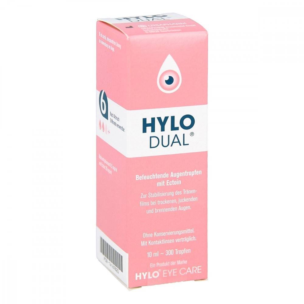 hylo dual eye drops 10 ml При сухости глаз с одновременным воспалением и симптомами аллергии.
