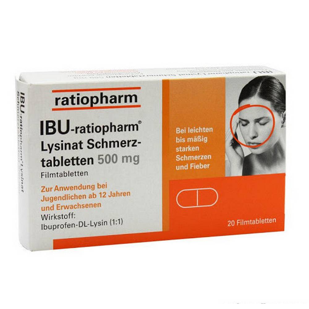ibu ratiopharm lysinat pain tablets 500 mg 20 Mild to moderate pain such as headache, dental pain, menstrual pain, fever.