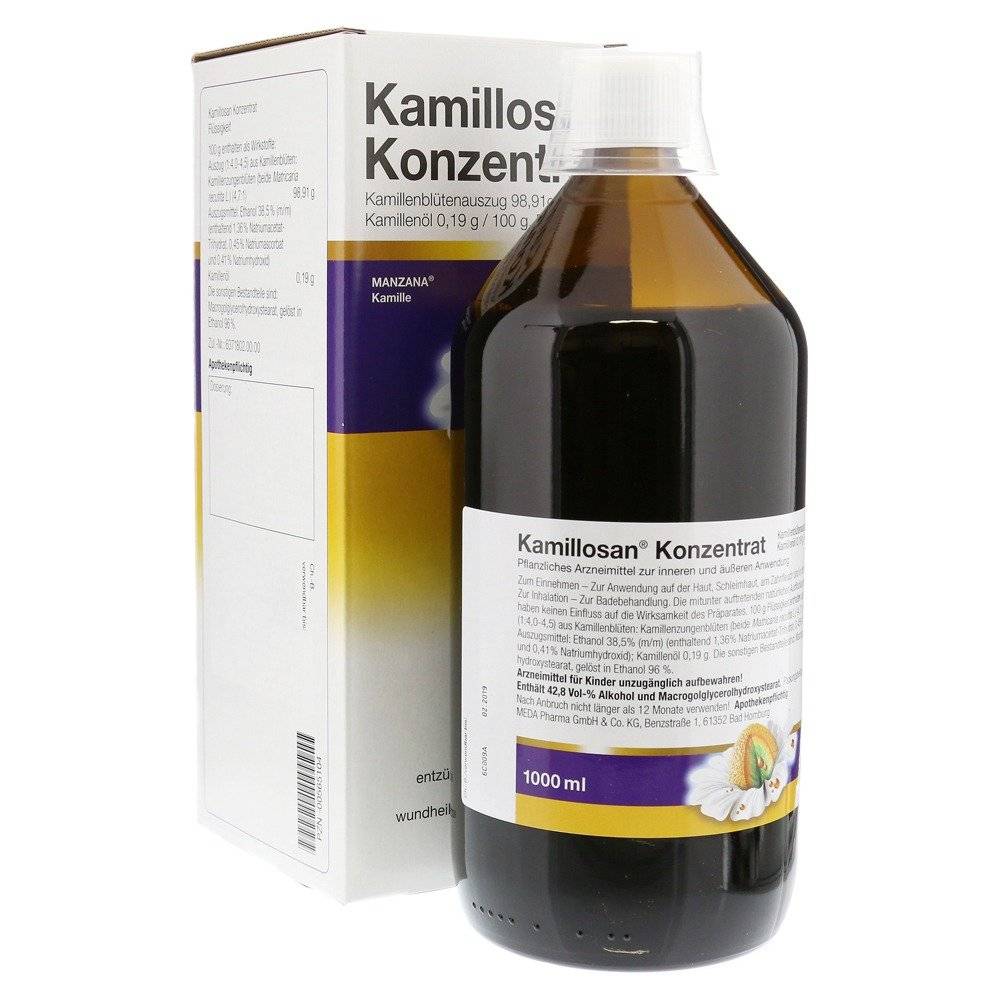 kamillosan concentrate 100 Chamomile is the most famous natural remedy. The Kamillosan concentrate contains the concentrated active ingredient of the Manzana chamomile flowers. The active ingredient unfolds its healing strength as an additive when gargling, inhaling, rinsing the mouth, as a moist compress and as partial baths and hip baths or as a diluted solution for ingestion.