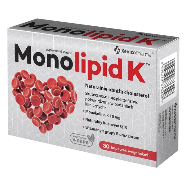 monolipid k vegan vegetable capsules 30 Monolipid K - a dietary supplement containing a unique combination of red rice yeast extract, vitamins B6, B12 and folic acid. The product is intended for adults.