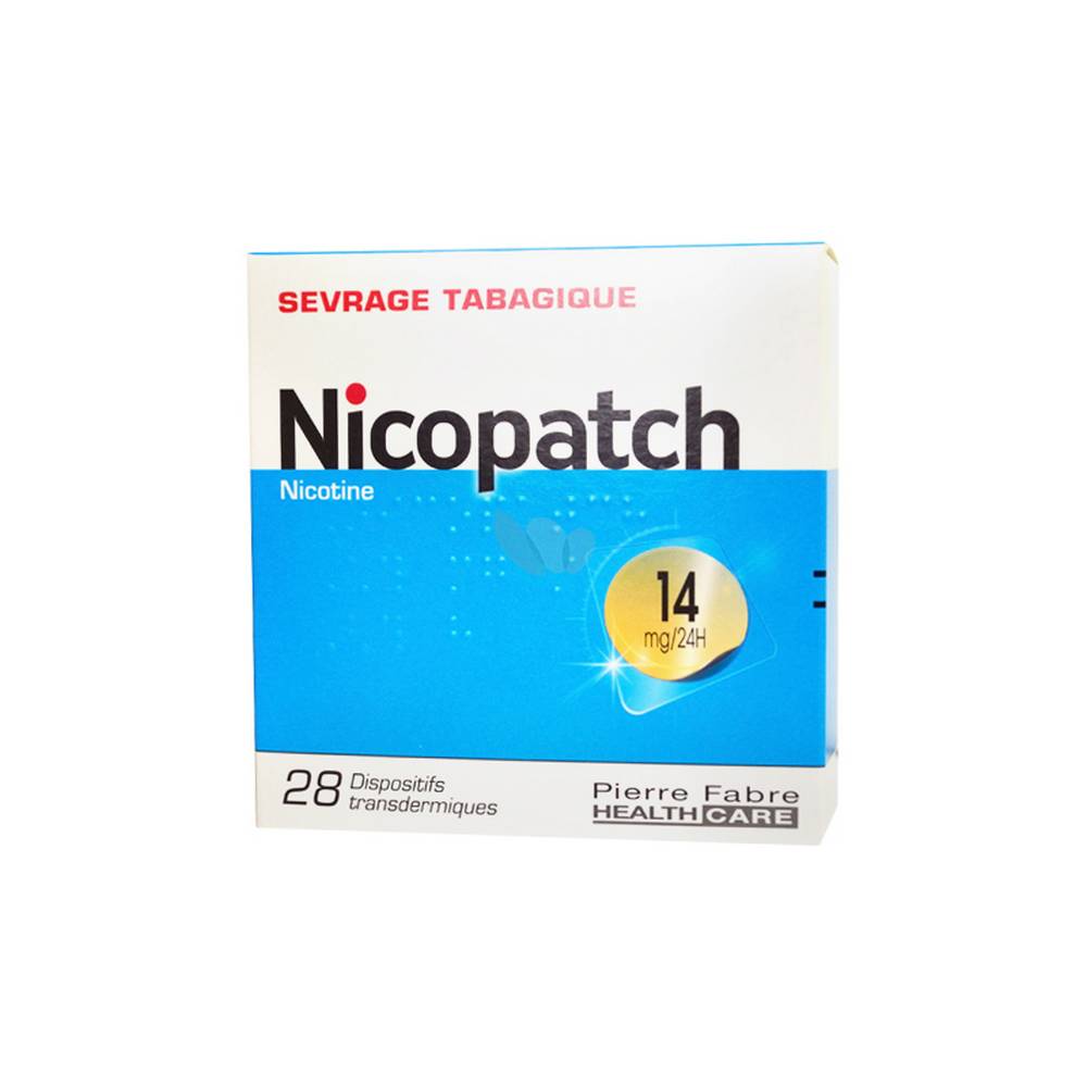 nicopatch 14 mg 7 anti tobacco patches 24h Nicopatch box of 7 patches in 14mg nicotine after 24 hours, recommended for the treatment of smoking addiction.