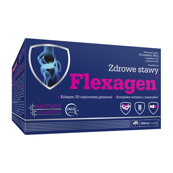olimp flexagen powder in sachets raspberry flavor 12 g 30 Olimp Flexagen - a dietary supplement, contains ingredients such as minerals (copper, manganese), vitamins (C and B6), collagen and its hydrolyzate, i.e. ingredients supporting the functioning of joints and their condition.