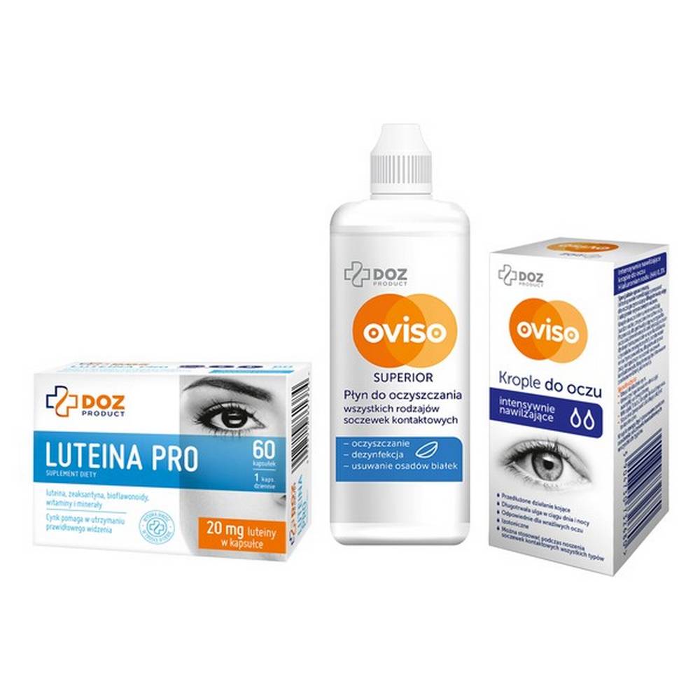 set for the care of contact lenses and eyes liquid drops lutein The contact lens care kit includes Oviso Superior contact lens cleaner, Oviso intensely moisturizing eye drops and the Luteina Pro dietary supplemen