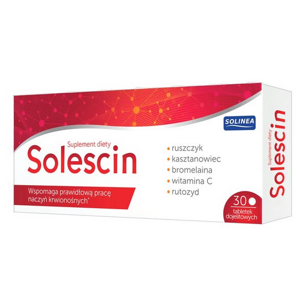 solescin gastro resistant tablets 30 pcs Solescin - a dietary supplement containing ingredients supporting the proper functioning of blood vessels. The product is intended for adults.