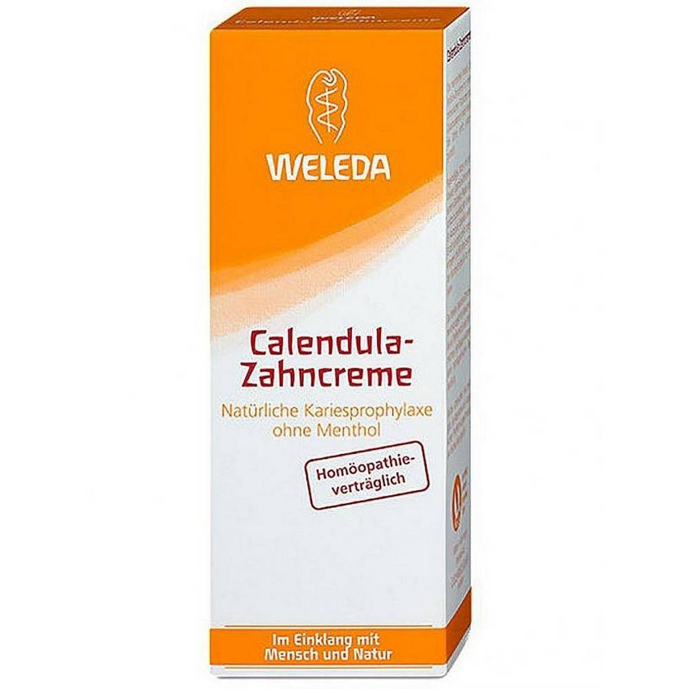 weleda calendula toothpaste 75 Зубная паста Weleda с рассолом обеспечивает оптимальную медицинскую защиту от зубного камня и кариеса.По сравнению с большинством обычных продуктов зубная паста с рассолом Weleda не содержит фтора.