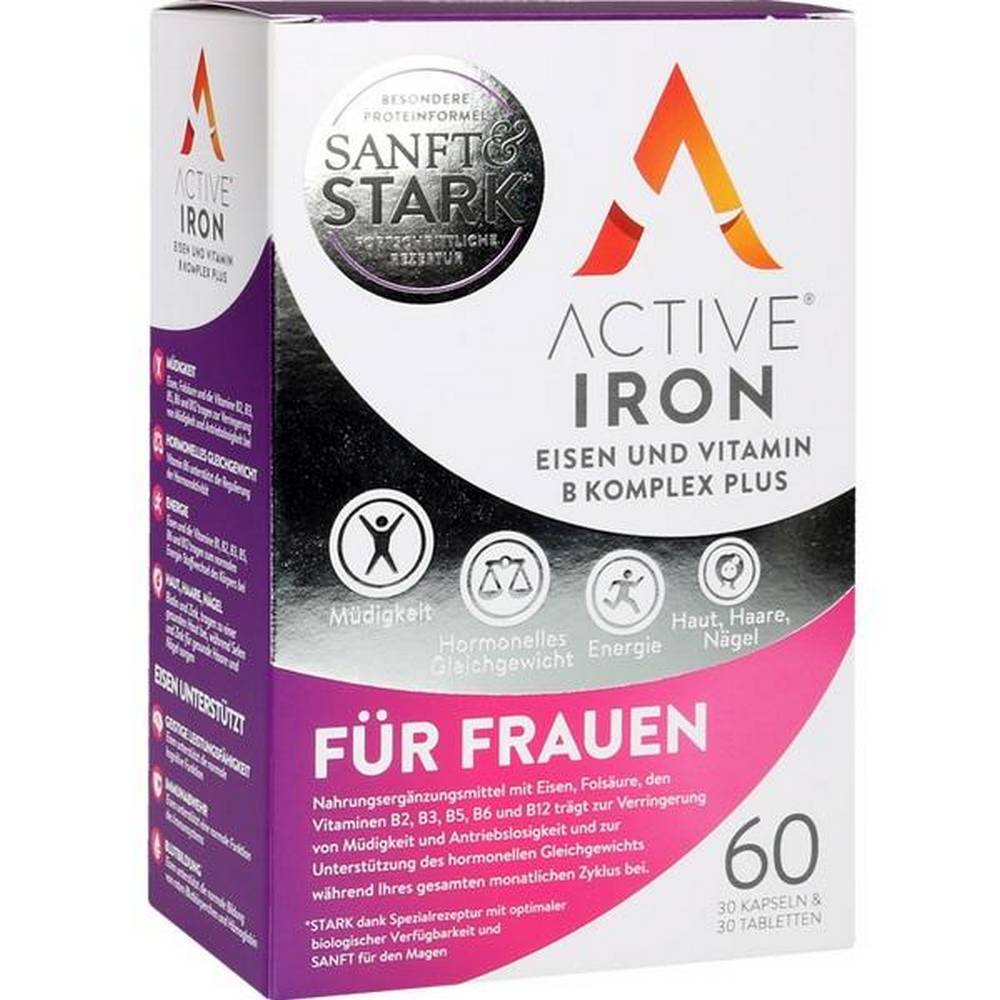 active iron iron and vitamin b complex plus 60 Food Supplement with iron, folic acid, vitamins B2, B3, B5, B6, and B12.
