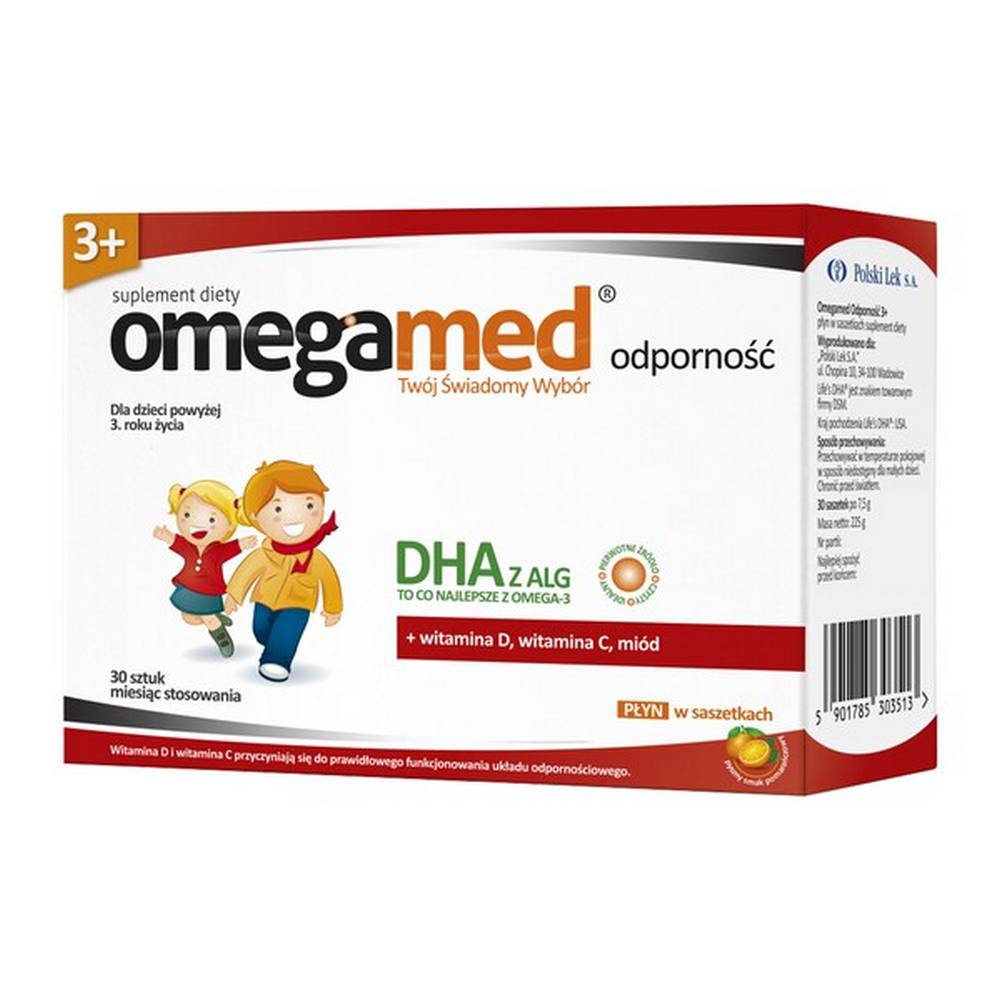 omegamed immunity 3 liquid in sachets 30 Omegamed Immunity - a dietary supplement intended for children over 3 years of age. Orange flavor. Vitamins D and C contribute to the proper functioning of the immune system, as well as DHA (the best of Omega-3) and honey.