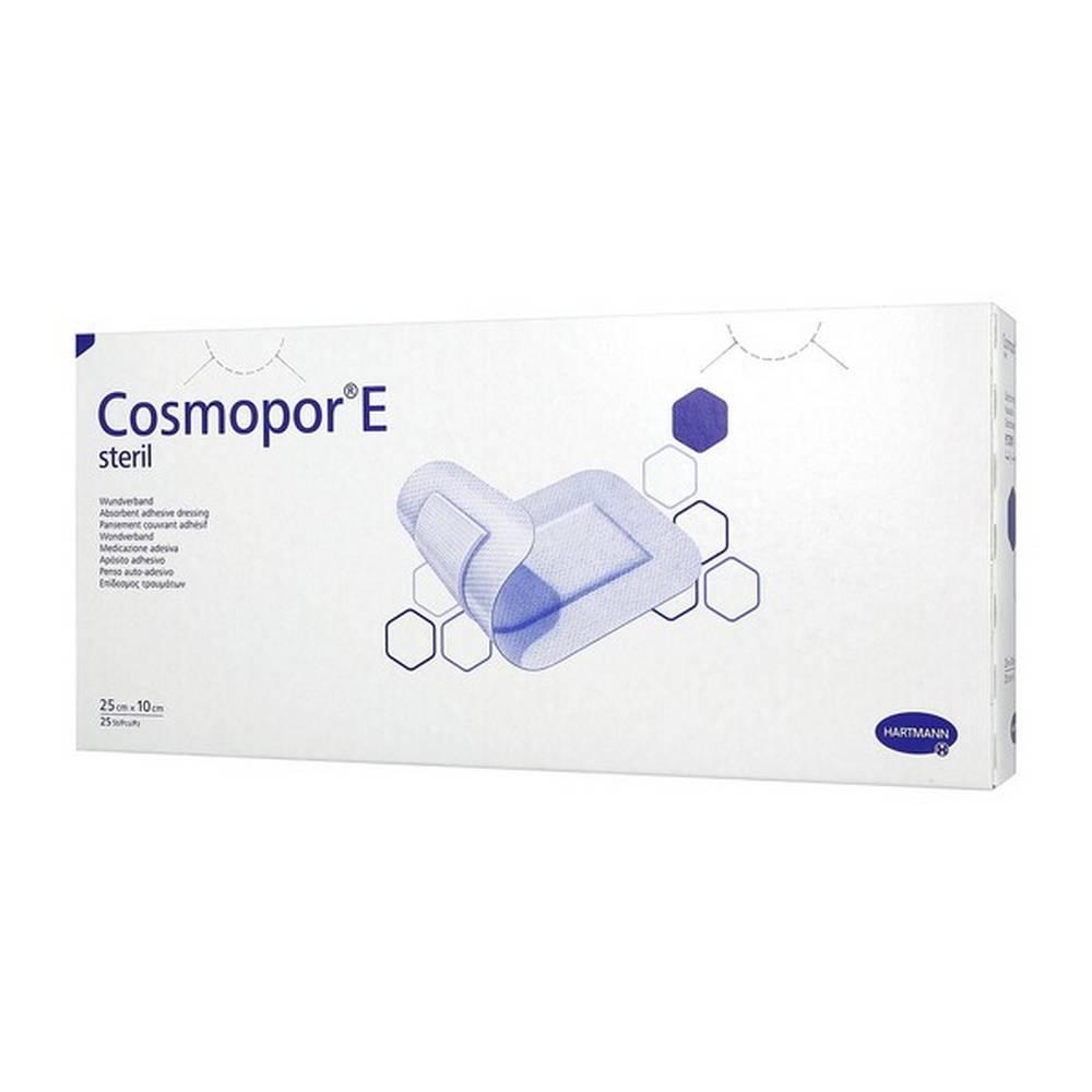 cosmopor e dressing plasters sterile 25 x 10 cm 25 pcs Cosmopor ®E, dressing plasters, sterile, 25 pcs.