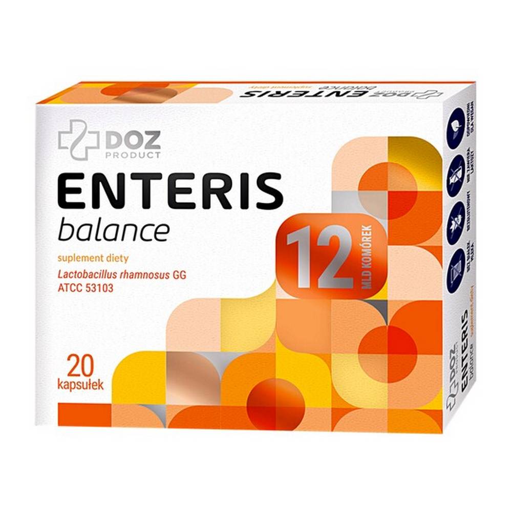 doz product enteris balance capsules 20 DOZ PRODUCT ENTERIS balance - a dietary supplement containing Lactobacillus rhamnosus GG ATCC 53103 bacteria. The product is intended for adults and children from 7 years of age. Do not exceed the recommended daily dose