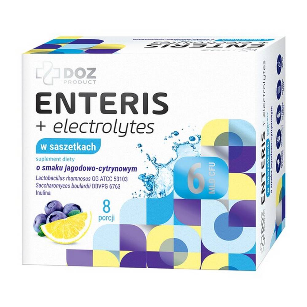 doz product enteris electrolytes powder in sachets 8 a 8 b DOZ PRODUCT Enteris + electrolytes - a dietary supplement containing a set of electrolytes, glucose and Lactobacillus rhamnosus GG ATCC 53103 bacteria, Saccharomyces boulardii DBVPG 6763 yeast and inulin. The product is intended for children from 6 months of age and adults.