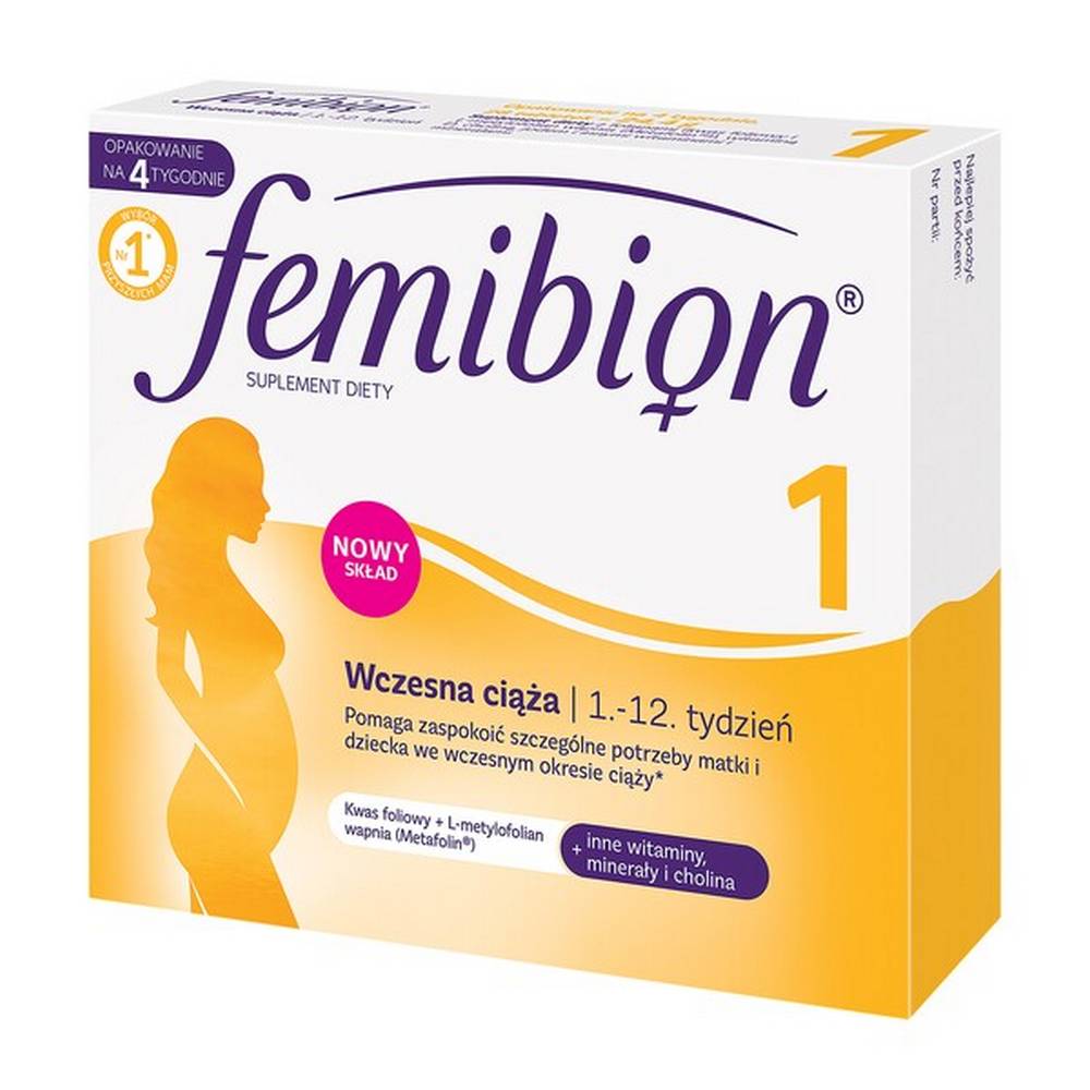 femibion 1 early pregnancy film coated tablets 28 Femibion 1 Early pregnancy - a dietary supplement containing vitamins and minerals. Product intended for adults. Vitamin D supports the proper functioning of the immune system. Iron influences the production of red blood cells and reduces the feeling of fatigue.