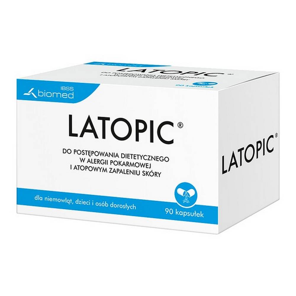 latopic capsules 90 Food for special medical purposes. For food allergy and atopic dermatitis (AD) in infants, children and adults. Contains 3 Polish, live and patented strains of lactic acid bacteria of the genus Lactobacillus, which act on the body from the inside and can increase intestinal barrier tightness and soothe the severity of skin lesions.