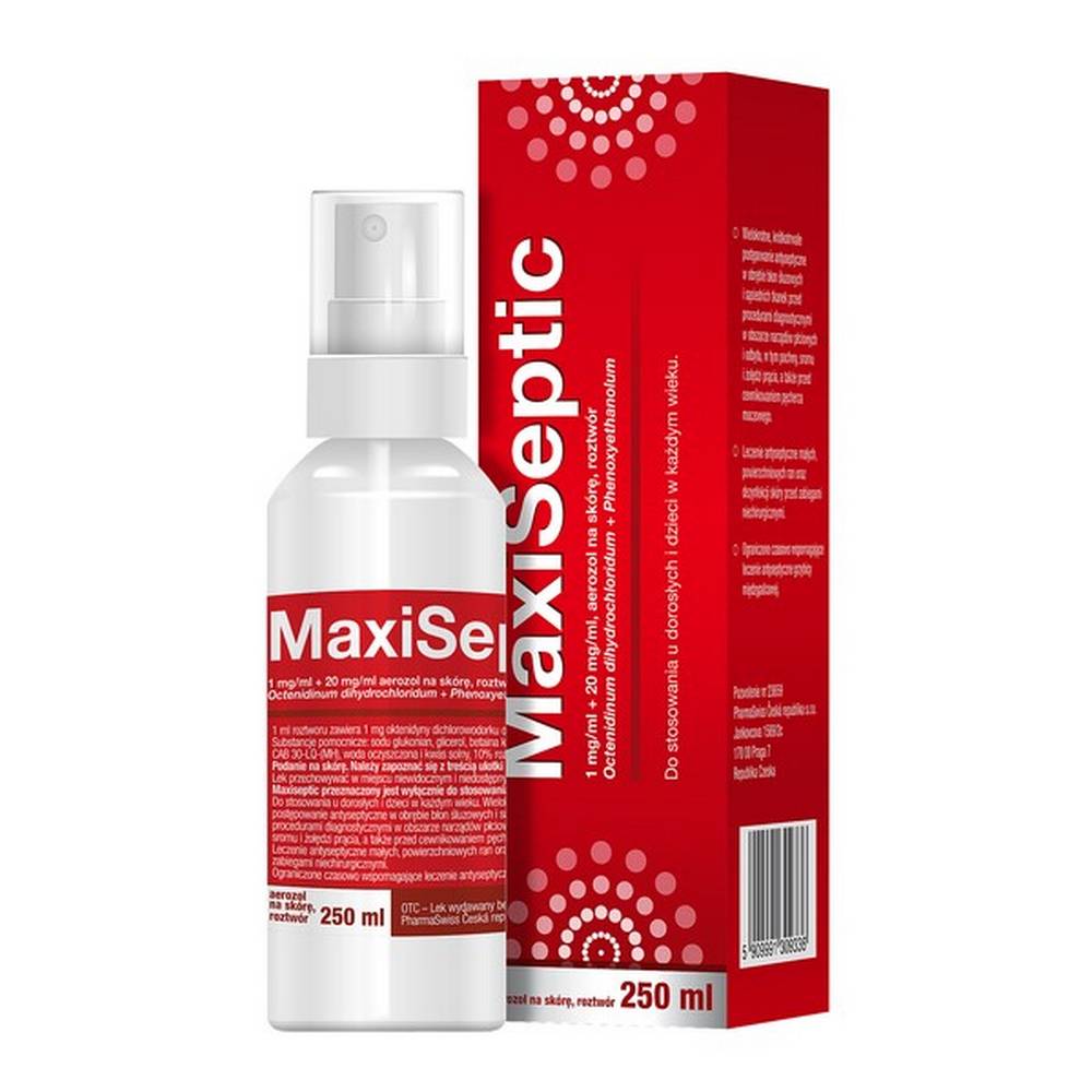 maxiseptic 1 mg ml 20 mg ml cutaneous spray 250 ml Maxiseptic is an antiseptic that is applied to the skin or wounds to destroy microbes and infectious agents and to prevent infection.